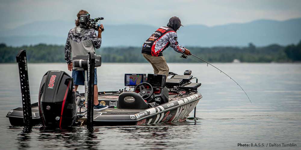 seth feider fighting a smallmouth during lake champlain elite event
