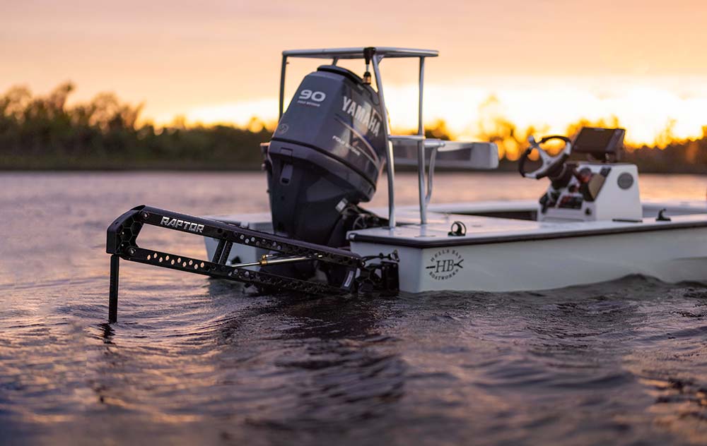 raptor shallow water anchors on saltwater skiff