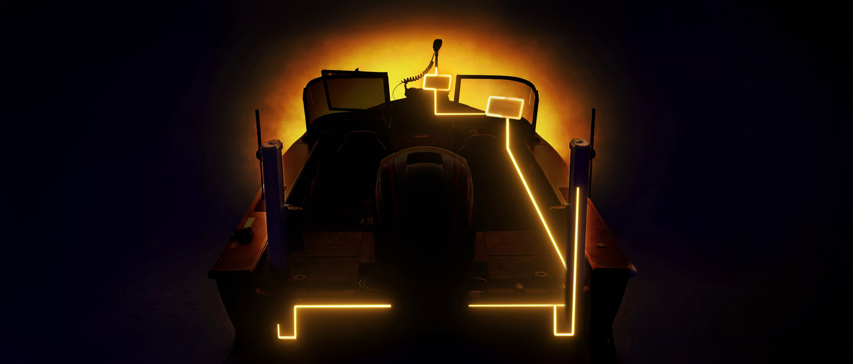 Minn Kota teaser image showing silhouette of a boat with fishing components lit up.