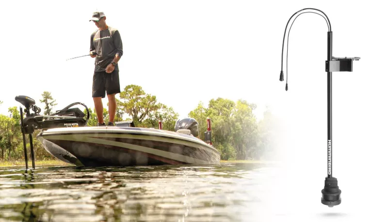 bass boat with Minn Kota Ultrex and new Humminbird MEGA 360 transducer mounted to the trolling motor towards the motor mount, free of the lower unit