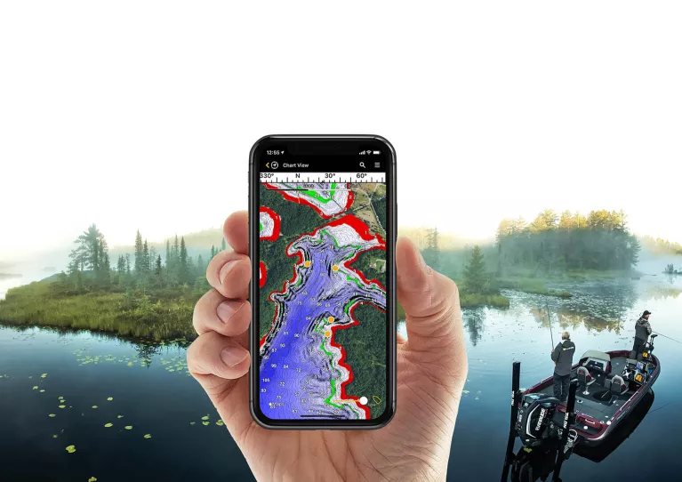 FishSmart App on Smartphone with Landscape shot of Freshwater Lake 
