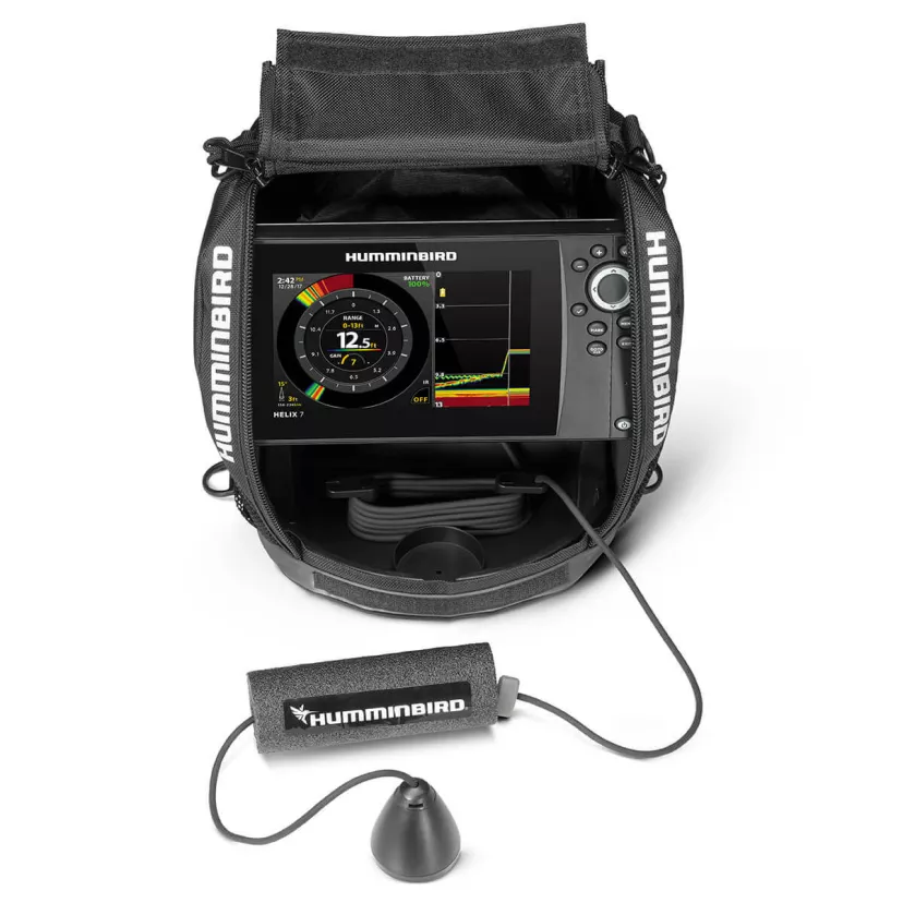 ICE HELIX 7 CHIRP GPS G2 hero view with transducer and float